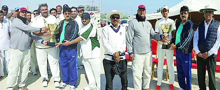 Qatar Cricket Association officials giving away the trophy to the wining captain.