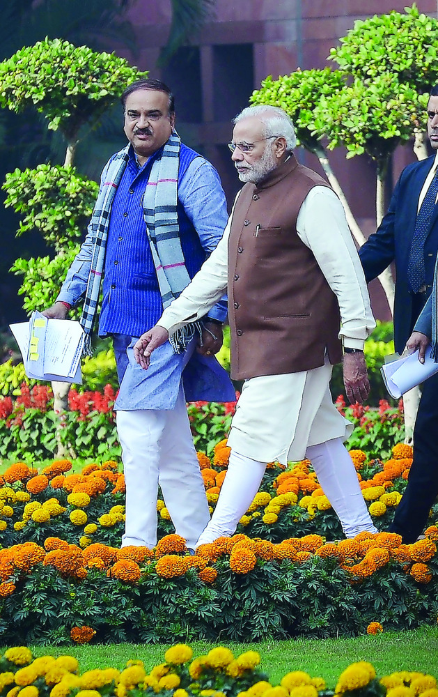 Prime Minister Narendra Modi walking after the BJP parliamentary committee meeting in New Delhi, yesterday.