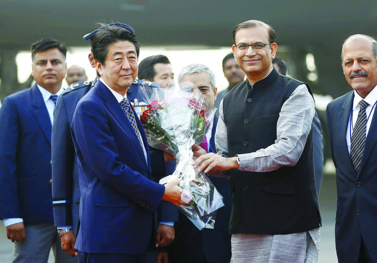 File photo of Minister of State for Civil Aviation Jayant Sinha receiving Shinzo Abe