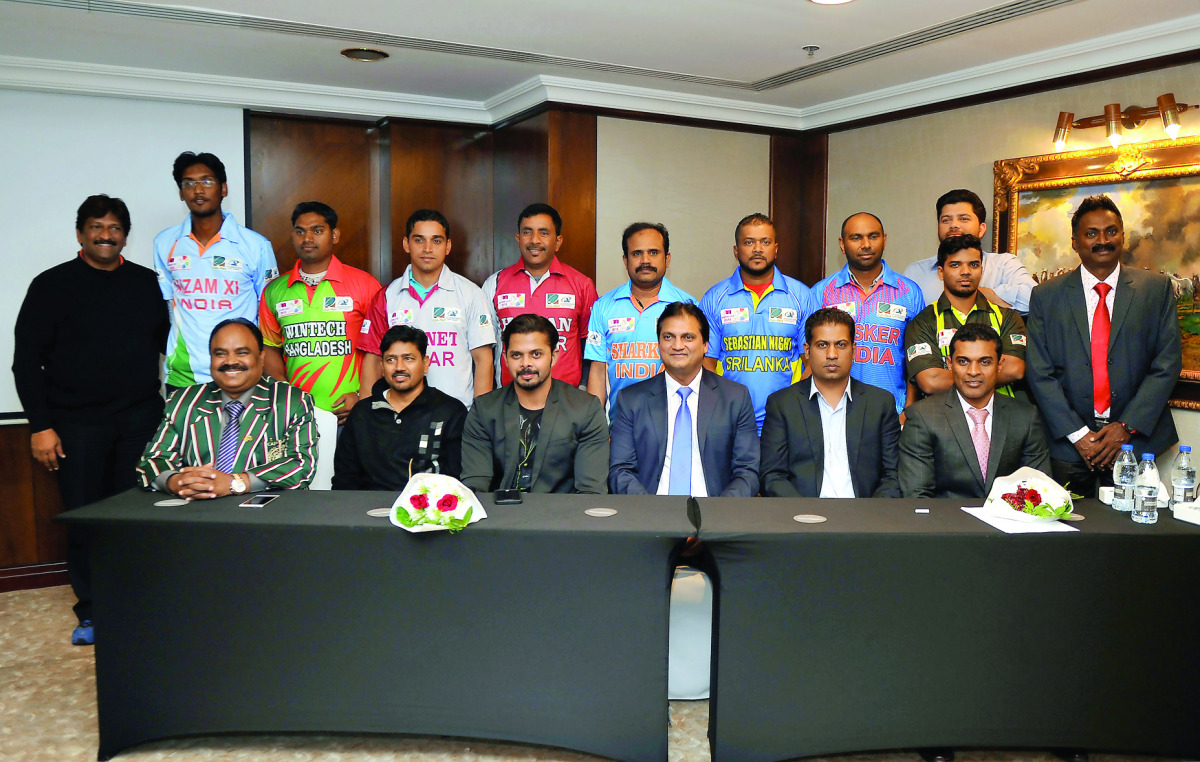 The captains of the teams taking part in the 3rd Nation Cup cricket tournament pose for a picture with S Sreesanth and members of the organising committee. Picture by: Abdul Basit / The Peninsula