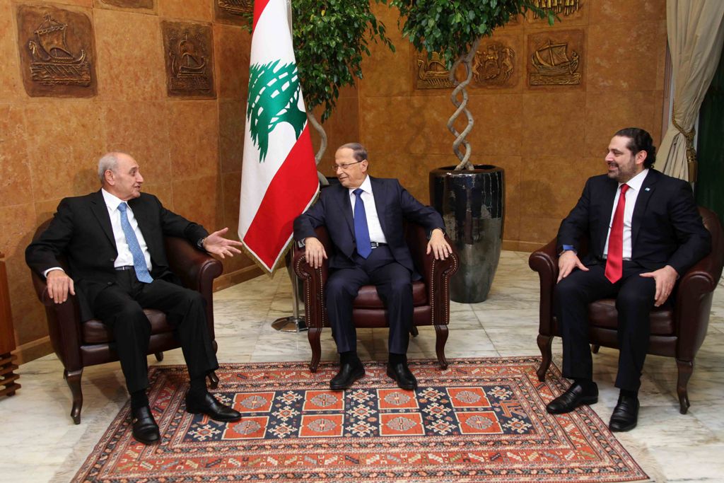 BEIRUT, LEBANON - DECEMBER 18: Lebanese President Michel Aoun (C), Lebanese Prime Minister Saad Hariri (R) and Lebanese Parliament Speaker Nabih Berri (L) meet to discuss government formation process in Beirut, Lebanon on December 18, 2016. ( Dalati Nohra