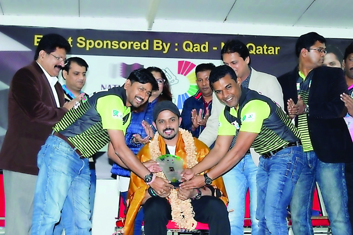 Former Indian pacer S Sreesanth is felicitated by organisers of the 3rd Nation Cup Cricket Tournament at the Old Ideal School Campus in Doha on Sunday. The four-day eight-over tennis ball cricket tournament will continue till December 22. 