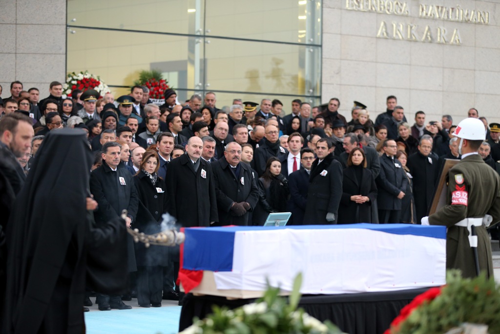 Turkish Minister of Interior Mustafa Soylu (first row 3rd L), Turkish Deputy Prime Minister Tugrul Turkes (First Row 4th L) along with Turkish and Russian officials attend the farewell ceremony for Russia's ambassador to Turkey Andrei Karlov at Esenboga I