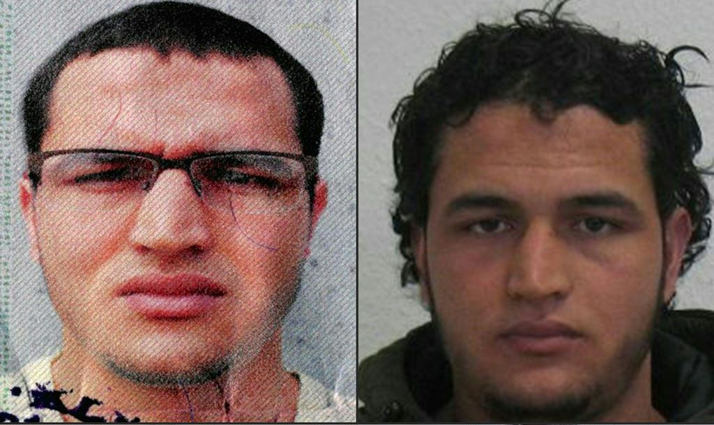 This combination of pictures created on December 22, 2016 shows handout portraits released by German Federal Police Office (BKA) on December 21, 2016 showing two pictures of Tunisian man identified as Anis Amri, a rejected asylum seeker suspected of invol