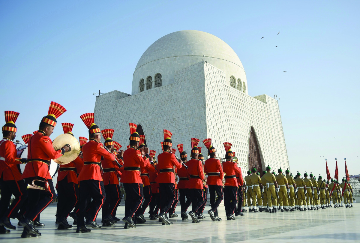 Pakistani military cadets march on the birth anniversary of the country's founder Mohammad Ali Jinnah at his mausoleum in Karachi on December 25, 2016. The government has announced week-long celebrations of Quaid-e-Azam Muhammad Ali Jinnah's birth anniver