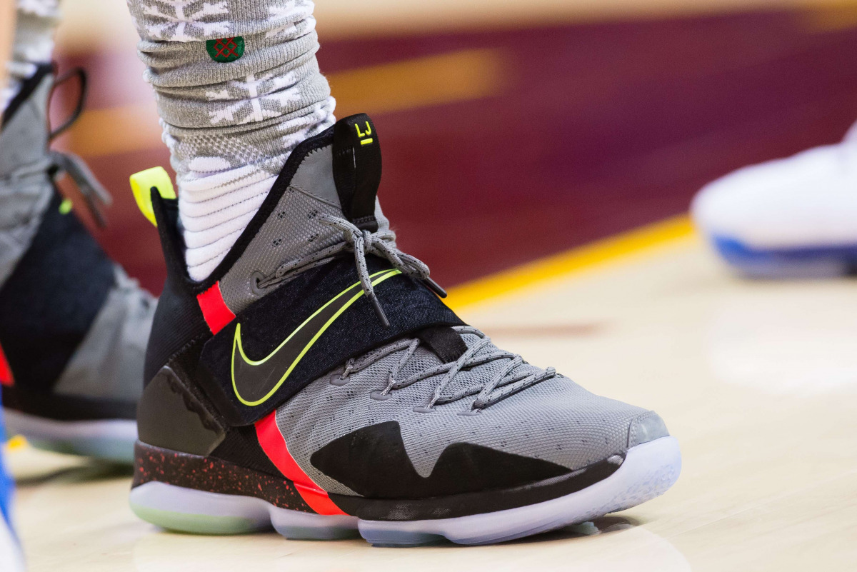 The shoes of LeBron James of the Cleveland Cavaliers are seen while he plays the Golden State Warriors in Cleveland, Ohio. The Cavaliers defeated the Warriors 109-108.