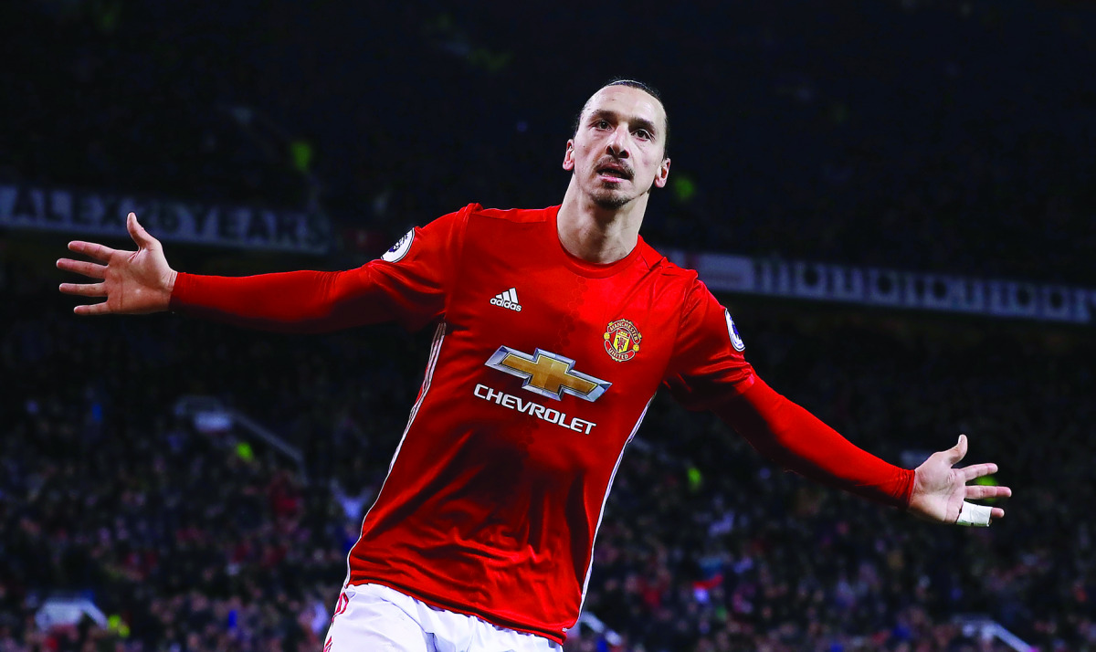 Manchester United's Zlatan Ibrahimovic celebrates after scoring a goal against Sunderland during their Premier League Match at Old Trafford in Manchester, England, on Monday. 