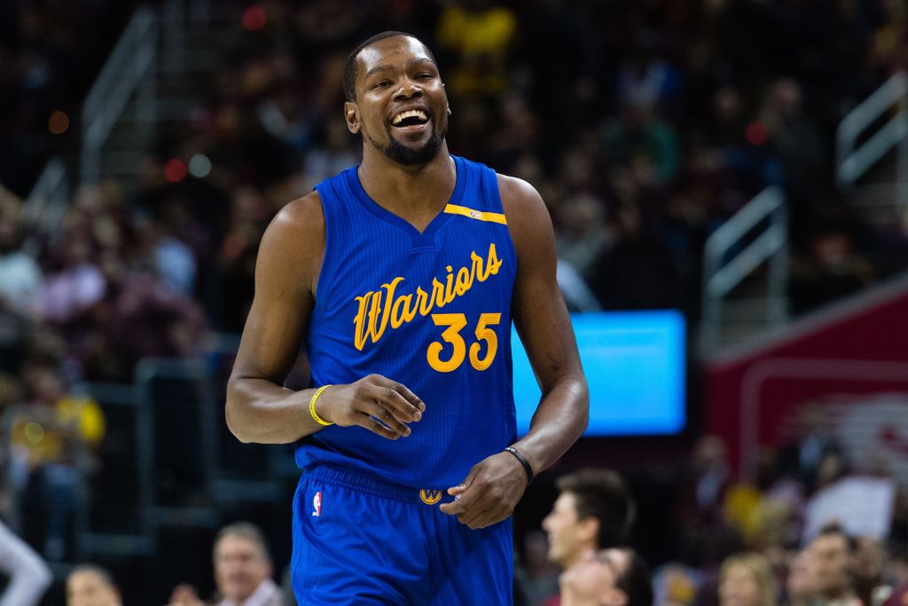 Kevin Durant #35 of the Golden State Warriors reacts during the first half against the Cleveland Cavaliers at Quicken Loans Arena on December 25, 2016 in Cleveland, Ohio. Jason Miller/AFP