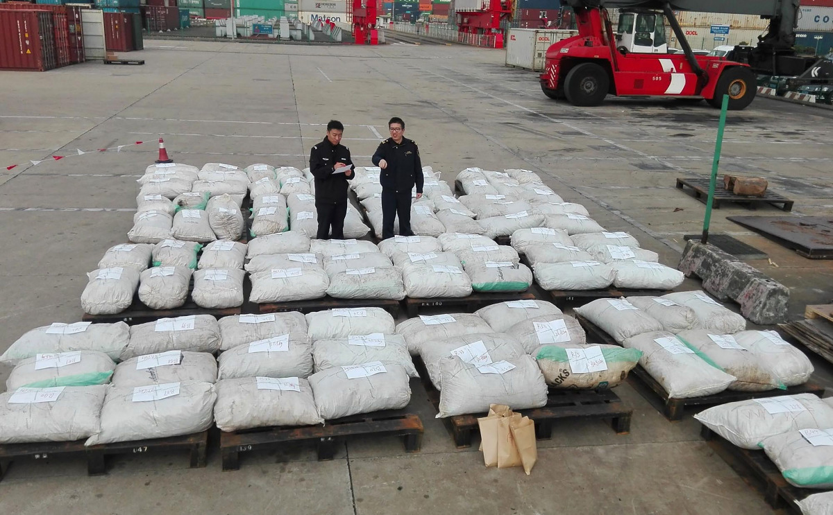 Shanghai customs officers checking pangolin scales at a port in Shanghai, yesterday.