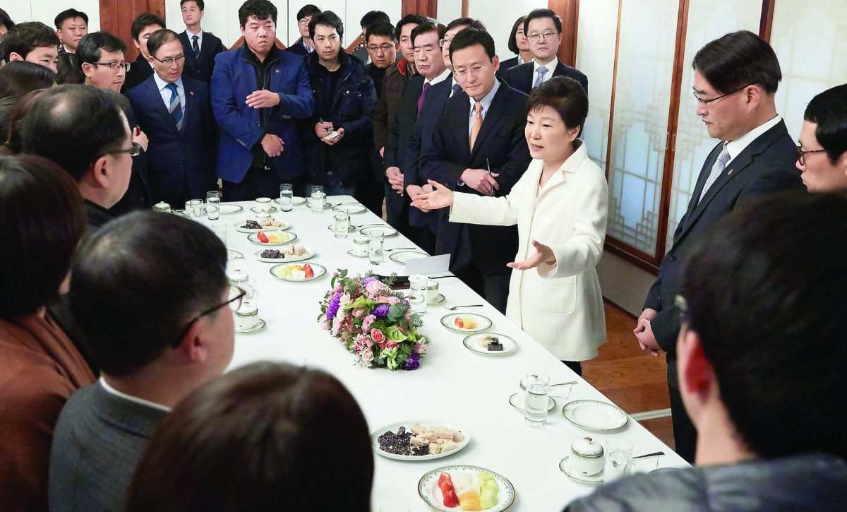 South Korean President Park Geun-hye speaks during a meeting with reporters at the Presidential Blue House in Seoul, South Korea, yesterday.