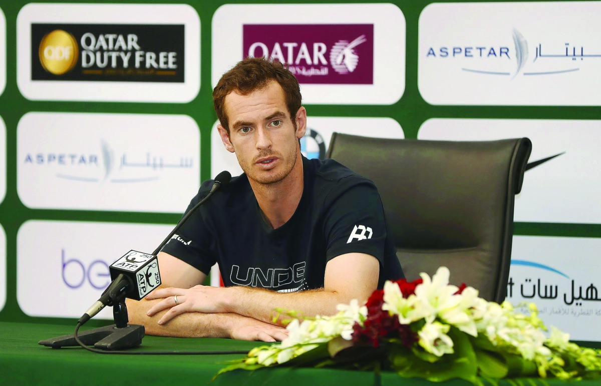 Andy Murray of Great Britain attends a press conference on the eve of the Qatar ExxonMobil Open at the Khalifa International Tennis Complex in Doha yesterday.