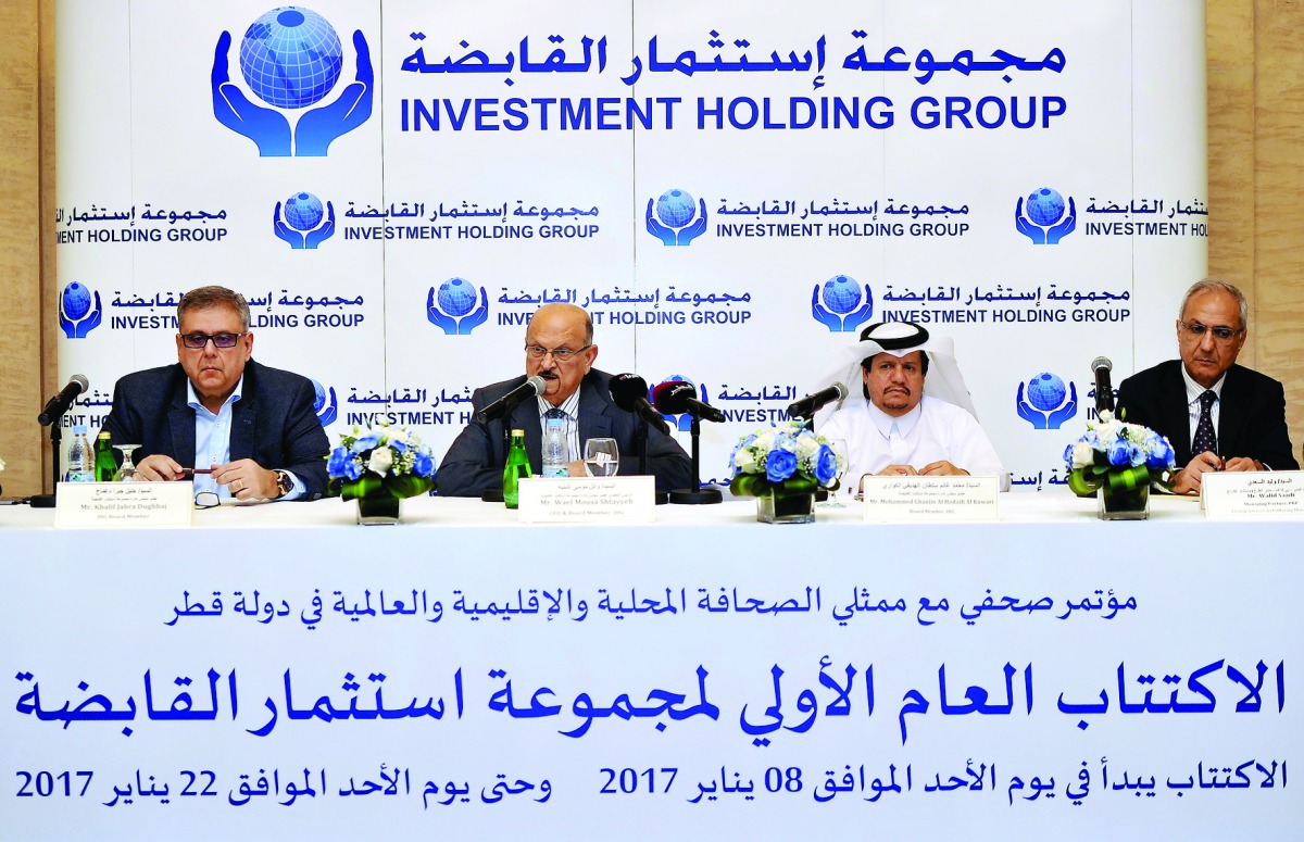 FROM LEFT: Khalil Jabra Dughbaj, IHG board member, Wael Shtayyeh, CEO, board member IHG, Mohammad Ghanim Al Hodaifi Al Kuwari, board member IHG and Walid Saadi, Managing Partner, Pkf, Listing adviser and Offering manager at the press conference in Doha ye