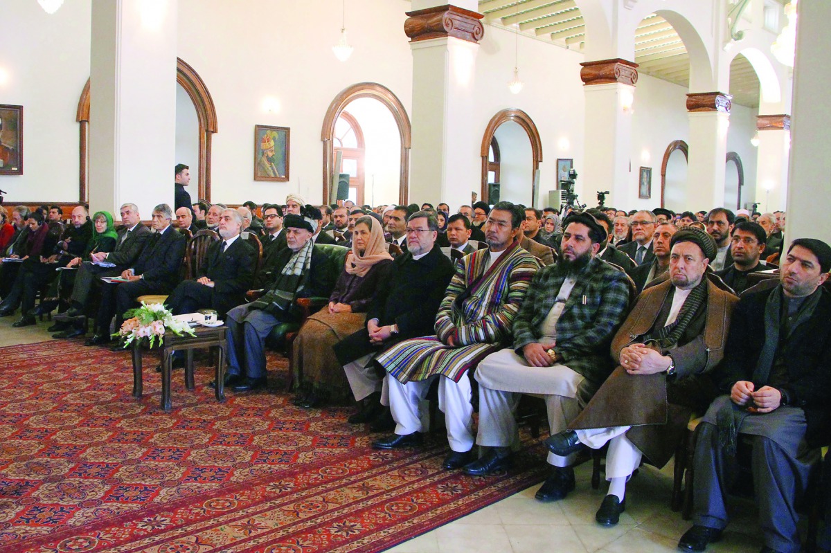 KABUL, AFGHANISTAN-JANUARY 05: Afghan President Mohammad Ashraf Ghani (7th R), First Lady Lurra Ghani (6th R) and Chief Executive Abdullah Abdullah (8th R), participate and delivers their remarks in the ceremony of “Celebrating the anniversary of the Afgh