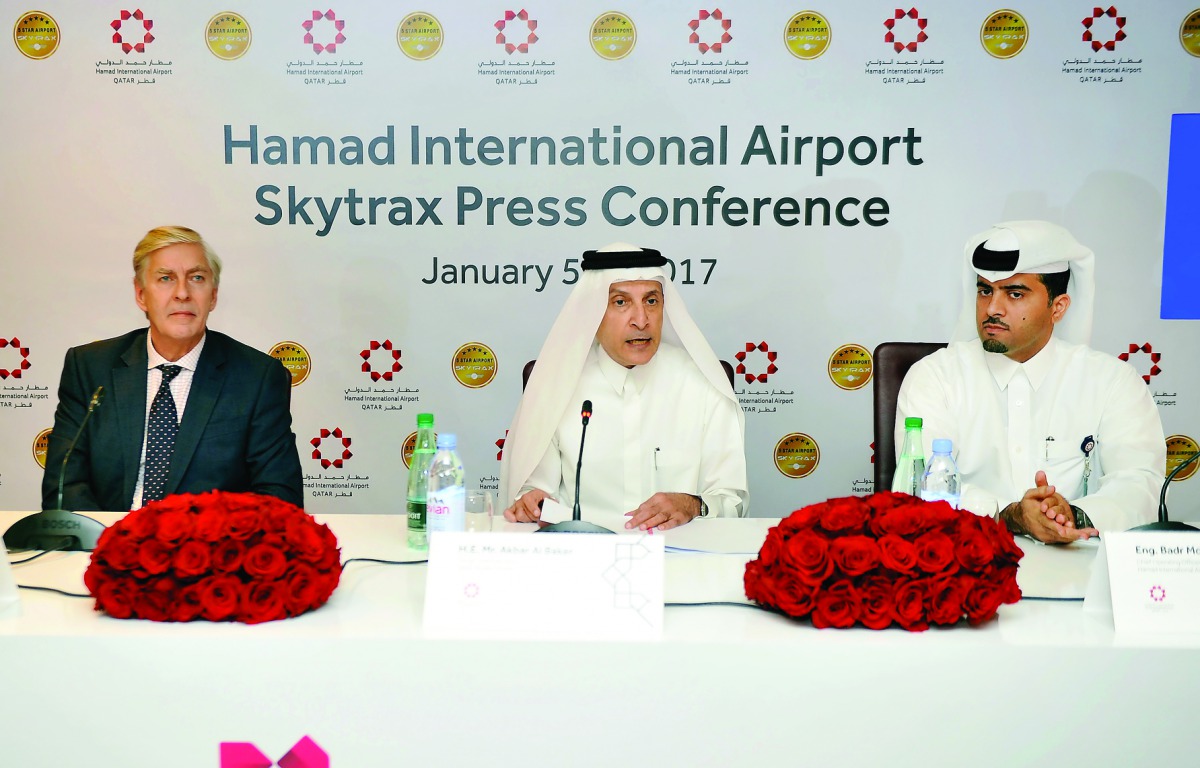 Akbar Al Baker, Group Chief Executive of Qatar Airways (centre) Edward Plaisted, CEO Skytrax (left) and Badr Mohammed Al Meer COO of Hamad International Airport (HIA), during the press conference at HIA, yesterday. Pic: Abdul Basit/ The Peninsula 