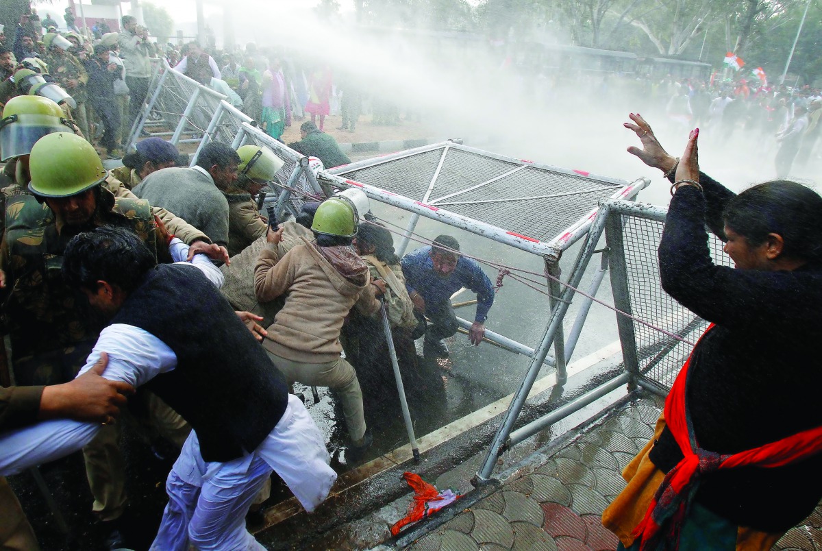 Police using a water cannon to disperse demonstrators during a protest organised by Congress party against demonetisation, in Chandigarh, yesterday.