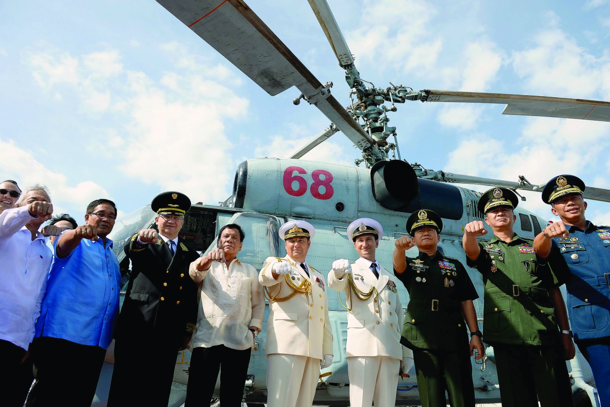 Philippine President Rodrigo Duterte at the anti-submarine navy ship Admiral Tributs at the south pier in Metro Manila, yesterday.