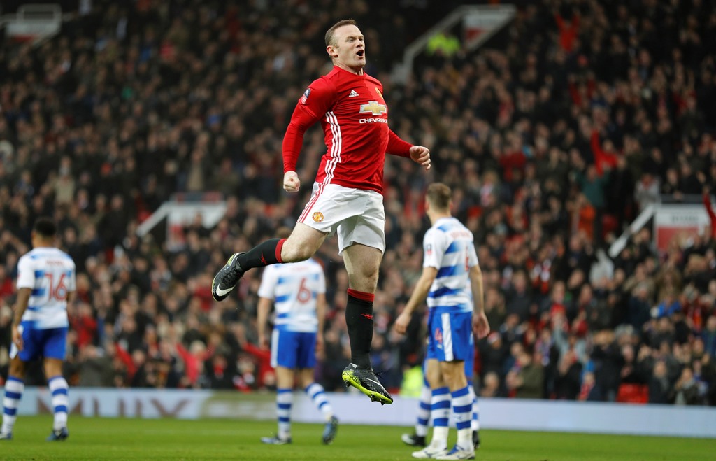 Britain Football Soccer - Manchester United v Reading - FA Cup Third Round - Old Trafford - 7/1/17 Manchester United's Wayne Rooney celebrates scoring their first goal Reuters / Darren Staples Livepic 