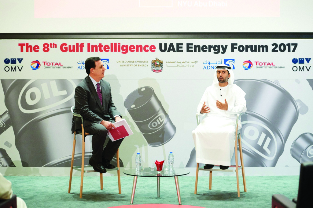 United Arab Emirates Energy Minister Suhail bin Mohamed al-Mazroui (right), speaks during the 7th Gulf Intelligence UAE Energy Forum meeting in Abu Dhabi.