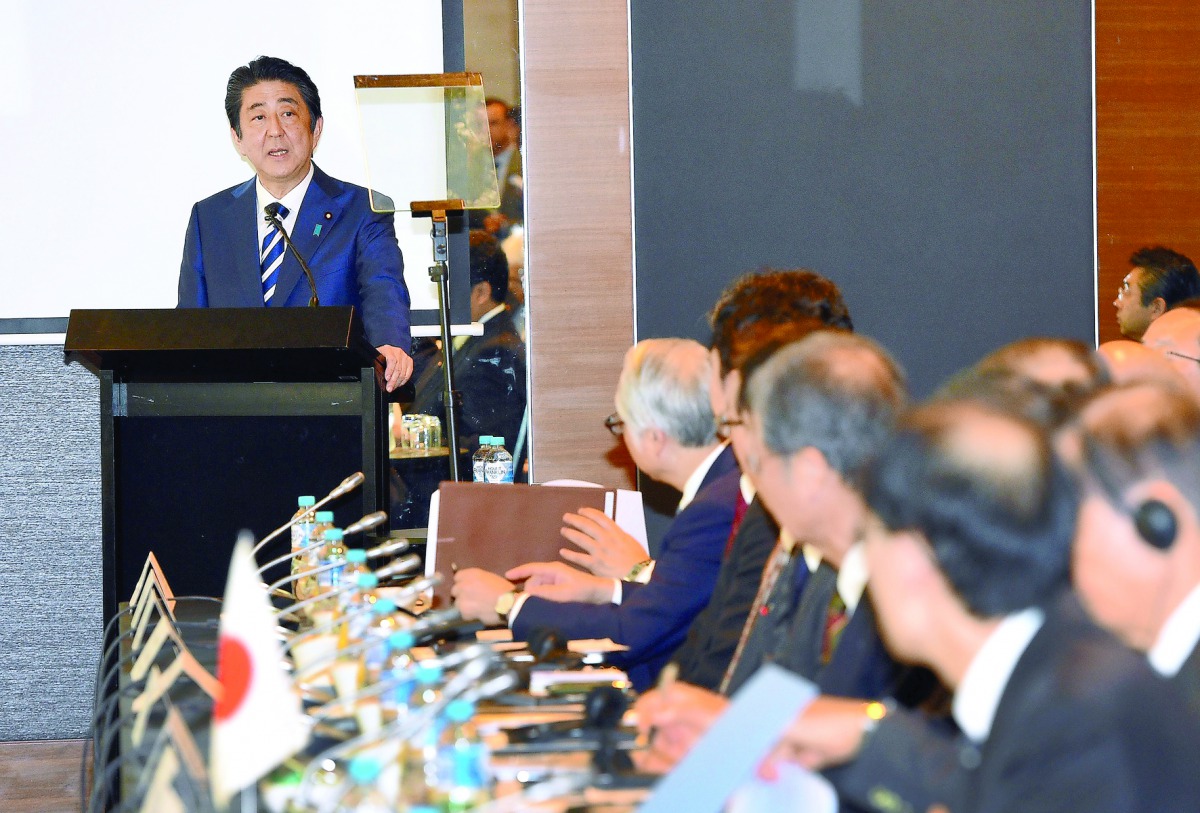 Japanese Prime Minister Shinzo Abe speaking during a Japan and Australia business dialogue meeting in Sydney, yesterday.