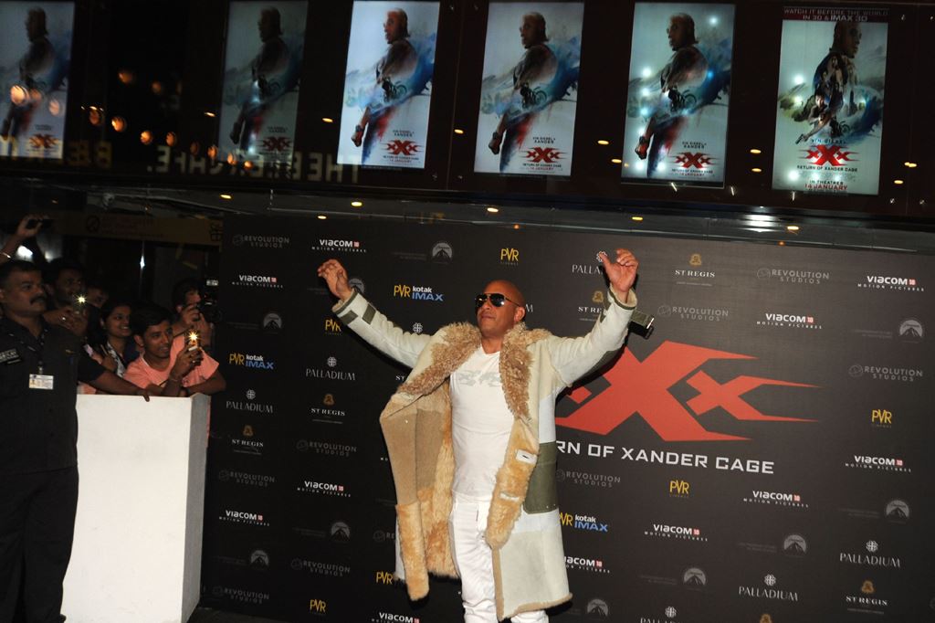 Hollywood's US actor, producer, director and screenwriter Vin Diesel poses as he attends the premiere of his Hollywood action thriller film ?xXx: Return of Xander Cage, directed by D.J. Caruso, in Mumbai late January 12, 2017. AFP / Sujit JAISWAL
