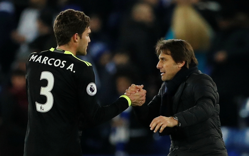 Chelsea's Marcos Alonso celebrates with manager Antonio Conte after the game Action Images via Reuters / John Sibley 