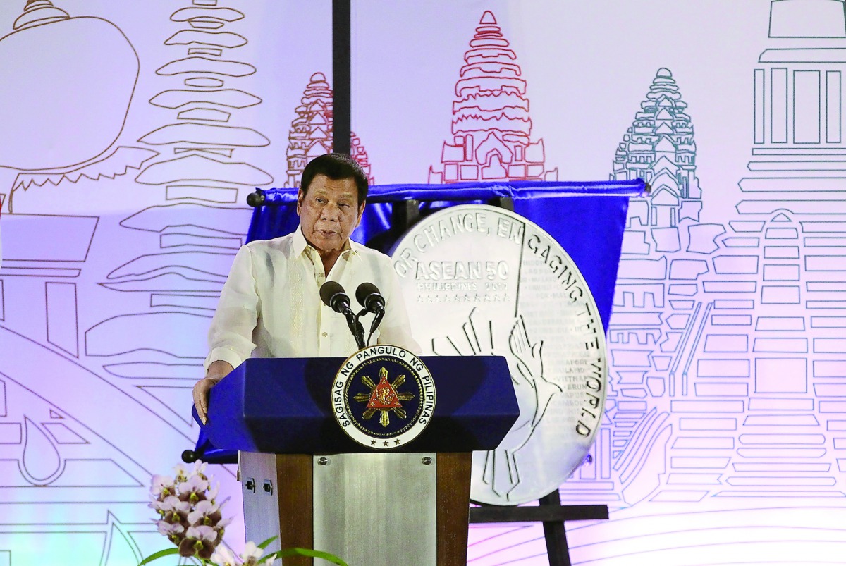 Philippine President Rodrigo Duterte speaks during the Philippines' ASEAN Chairmanship launch at SMX Convention Center in Davao City, yesterday. 
