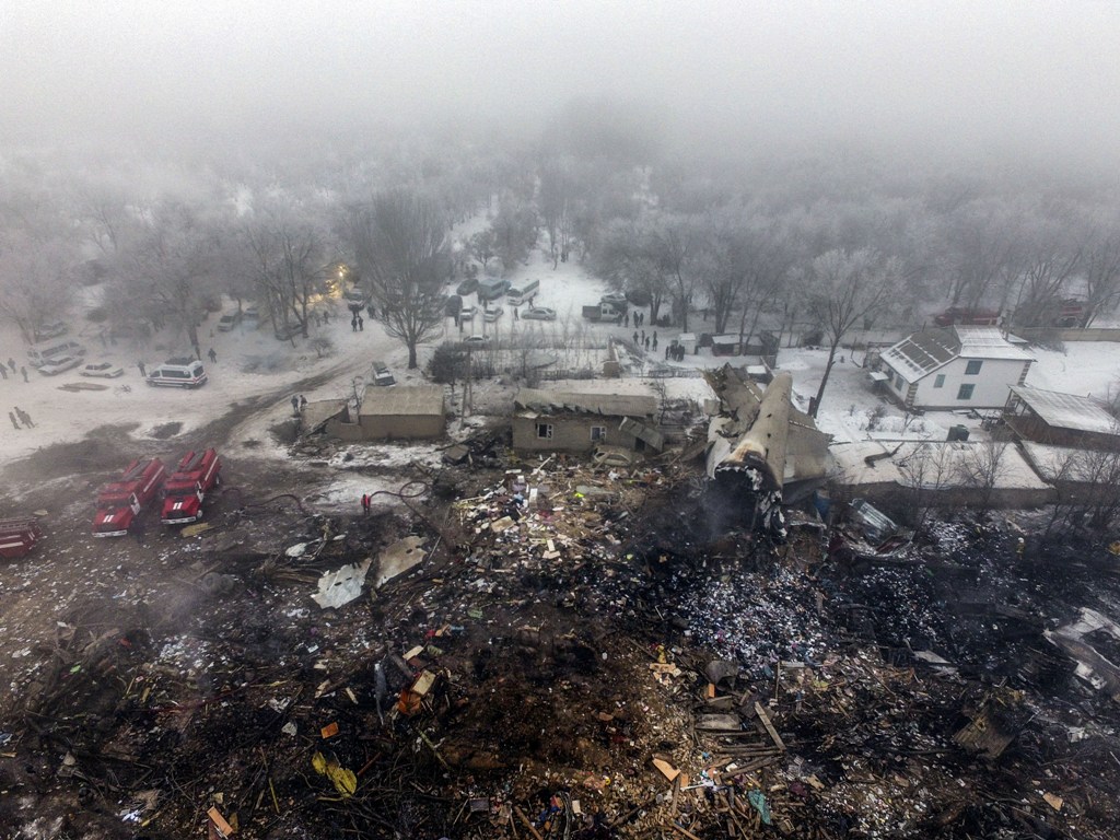Aerial view show the site of a cargo plane crash near Bishkek, Kyrgyzstan on January 16, 2017.( Stringer - Anadolu Agency )
