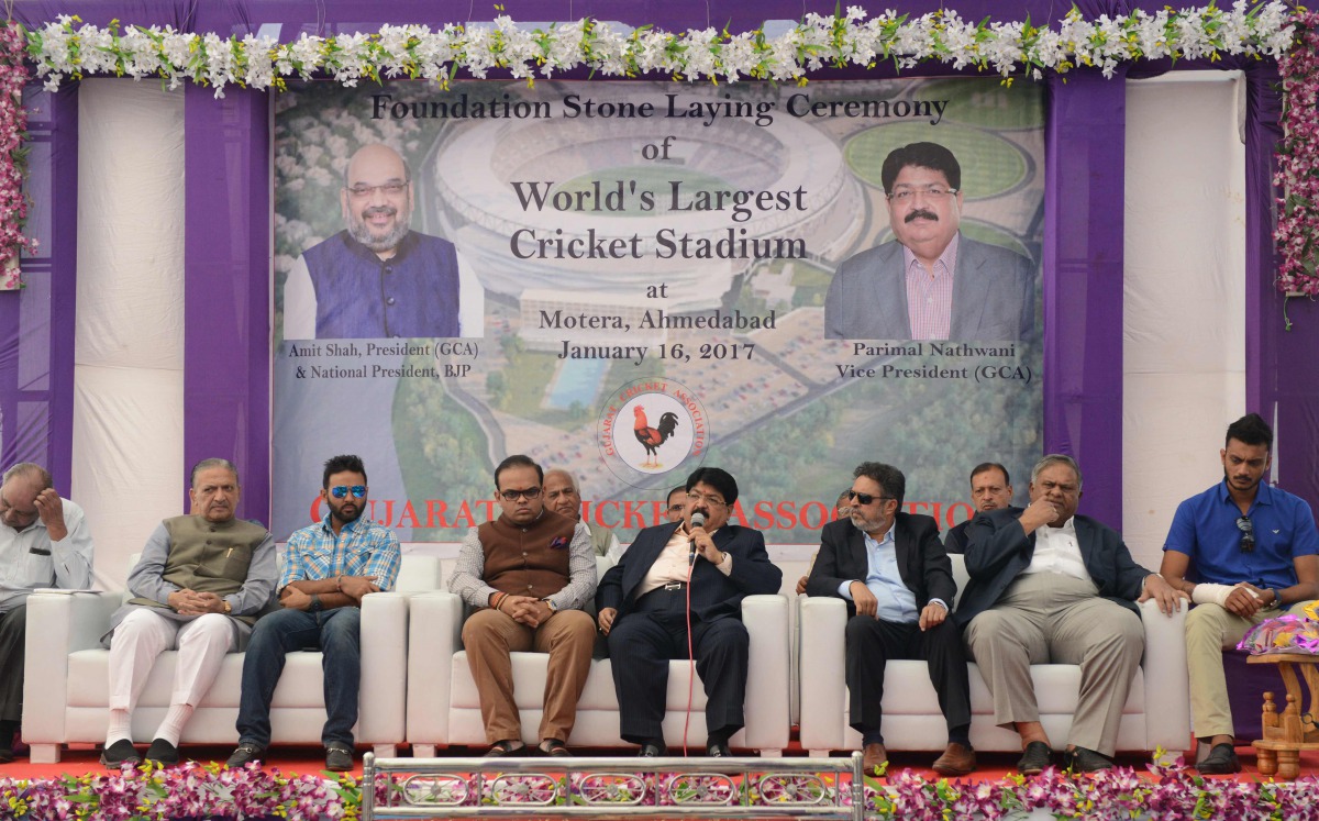 Vice President of the Gujarat Cricket Association (GCA) Parimal Nathwani (C), GCA Joint Secretary Jay Shah (4L), Indian cricketer Parthiv Patel (3L) and Senior Executive Vice President and Director at Larsen & Toubro M V Satish (3R) take part in a foundat