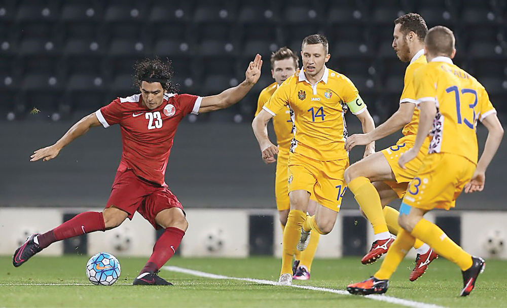 Qatari striker Sebastian Soria kicks to score against Moldova in their friendly match played at Jassim Bin Hamad Stadium yesterday. The game ended in a one-all stalemate. 
