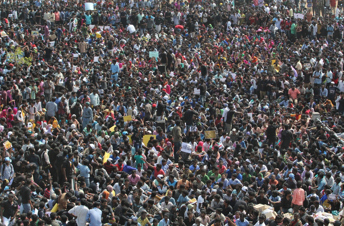 People attend a protest demanding to reverse a Supreme Court ban on the traditional bull-taming contests, known as Jallikattu, at the Marina beach in Chennai, India, January 19, 2017. (REUTERS)
