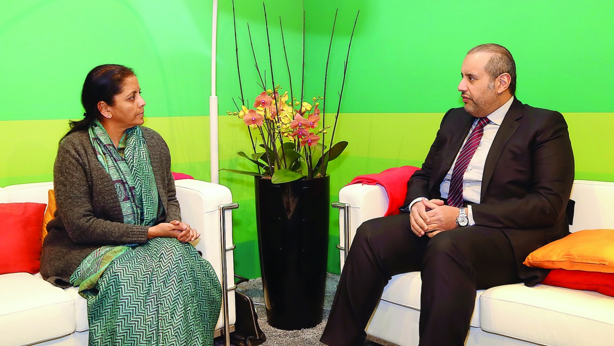 Minister of Economy and Commerce, H E Sheikh Ahmed bin Jassim Al Thani (right) met with India’s Minister of State for the Ministry of Commerce & Industry, Nirmala Sitharaman, on the sidelines of World Economic Forum’s Annual Meeting in Davos, yesterday. S
