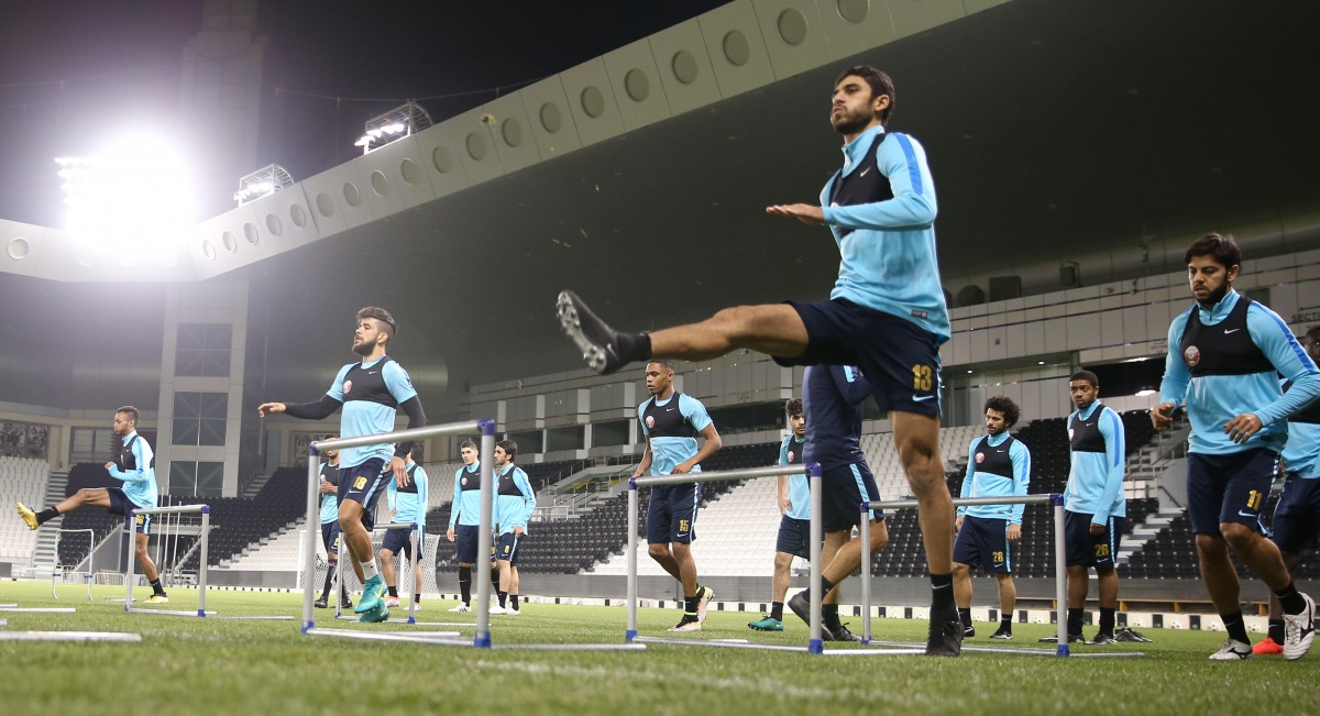 Qatar players taking part in the practice drills during a training camp in Doha on Thursday. Coach Jorge Fossati side is preparing for the two key 2018 FIFA World Cup qualifying matches at the end of March. Qatar face Iran on March 23 and Uzbekistan on Ma