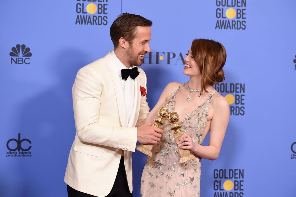 (FILES) This file photo taken on January 8, 2017 shows actors Ryan Gosling and Emma Stone, winners of the Best Performance by an Actor/Actress in a Motion Picture ? Comedy or Musical for 'La La Land'in the press room at the 74th Annual Golden Globe Awards