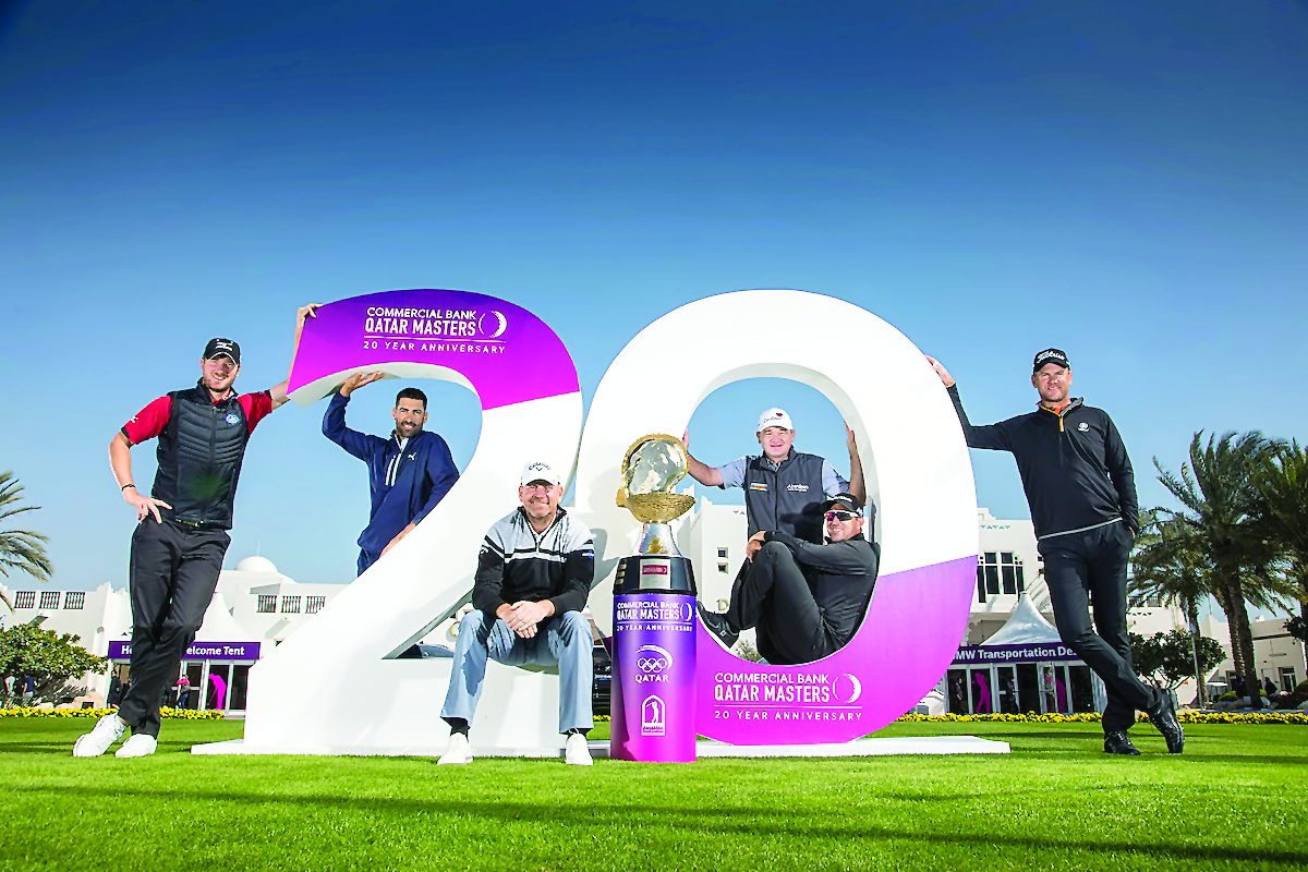 Ryder Cup Captain Thomas Bjorn, two-time winner Paul Lawrie, Chris Wood (2013), Robert Karlsson (2010) Alvaro Quiros (2009) and Darren Fichardt (2003) pose for a photograph at Doha Golf Club.