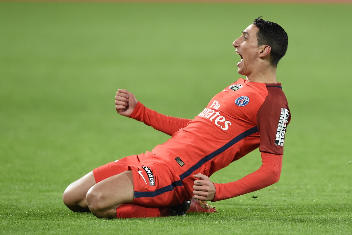 Paris Saint-Germain's Argentinian forward Angel Di Maria celebrates after scoring a goal during the French League Cup football match between Bordeaux (FCGB) and Paris Saint-Germain (PSG) on January 24, 2017 at the Matmut Atlantique stadium in Bordeaux, so