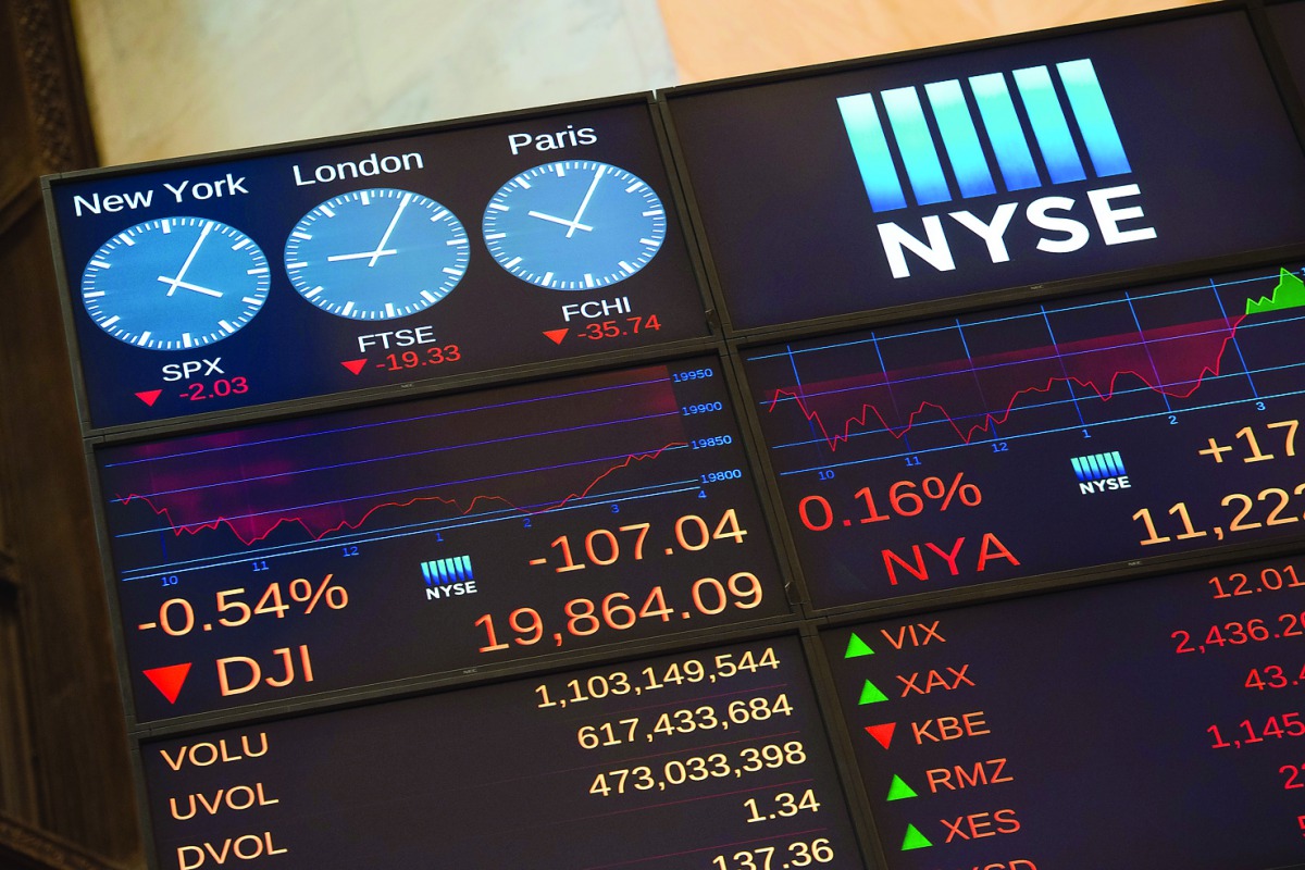 The board is shown at the Dow Jones closing bell at the New York Stock Exchange.