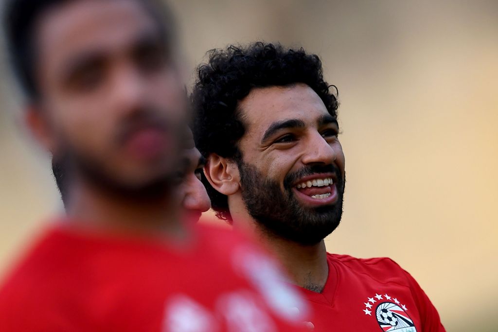 Egypt's forward Mohamed Salah reacts during a training session in Libreville on February 3, 2017 two days ahead of the final of the 2017 Africa Cup of Nations football tournament between Egypt and Cameroon. / AFP / GABRIEL BOUYS