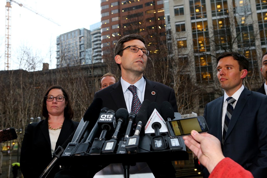 SEATTLE: Washington state Attorney General Bob Ferguson speaks at a press conference outside US District Court, Western Washington, on February 3, 2017 in Seattle, Washington. Karen Ducey/Getty Images/AFP