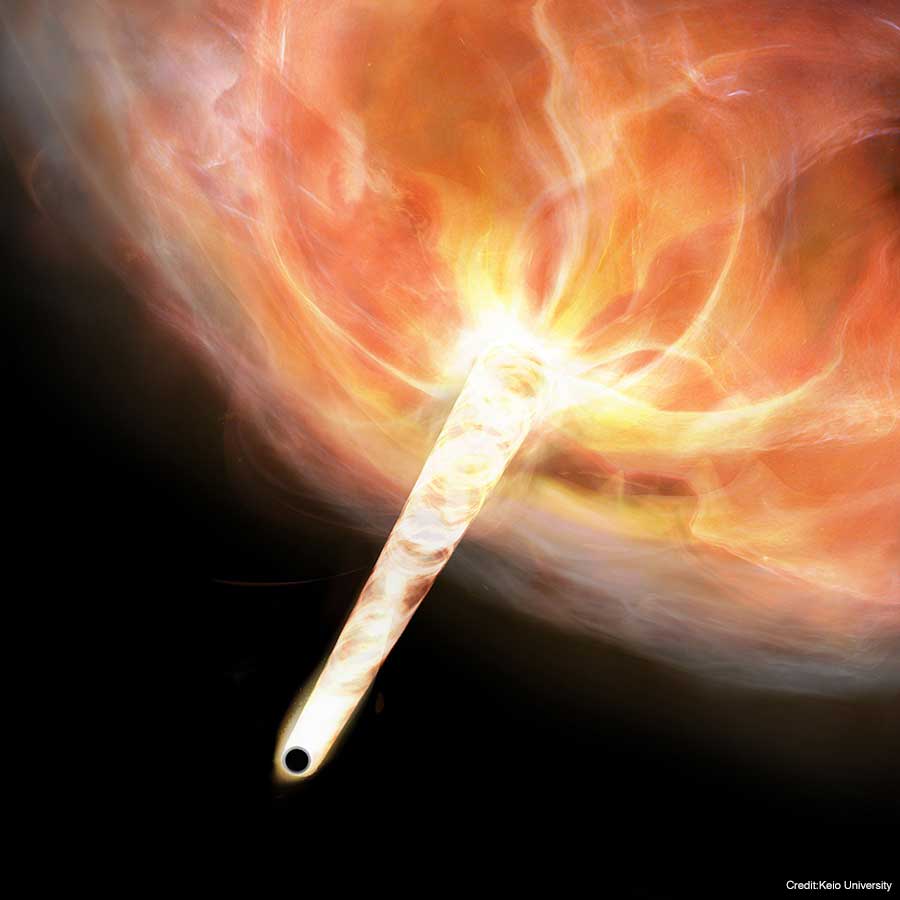 Artist’s impression of a stray black hole storming through a dense gas cloud. The gas is dragged along by the strong gravity of the black hole to form a narrow gas stream. 