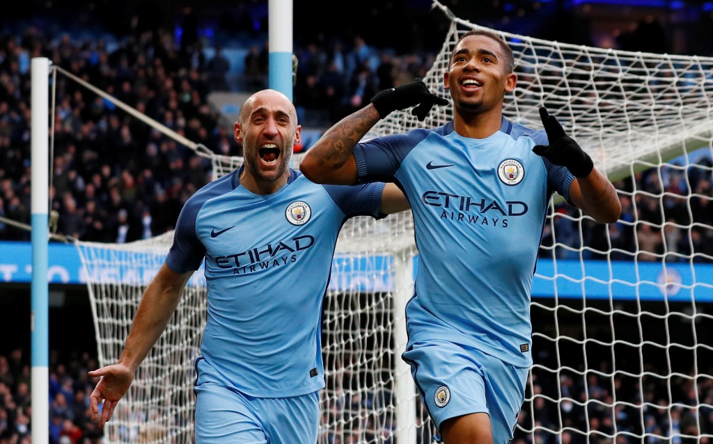Manchester City's Gabriel Jesus celebrates scoring their second goal with Pablo Zabaleta Action Images via Reuters / Jason Cairnduff 
