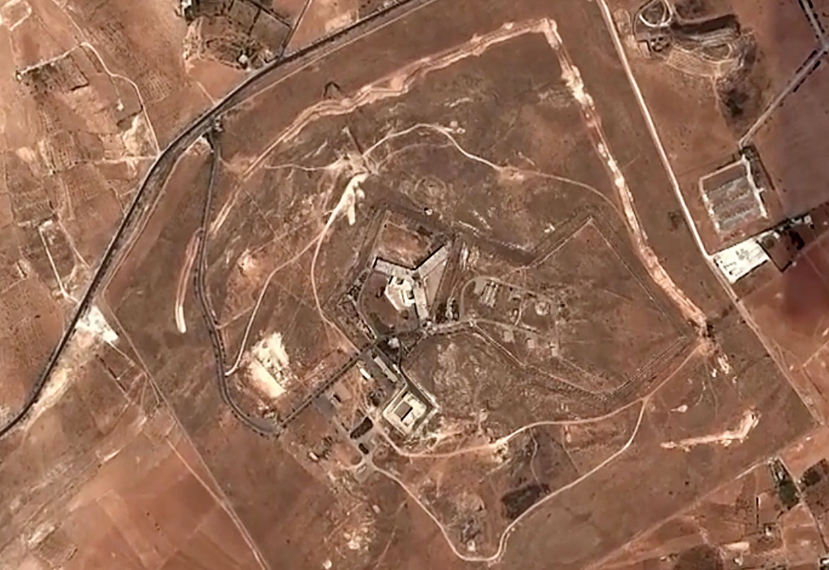 A handout satellite image released on February 7, 2017 by Amnesty International shows the military-run Saydnaya prison, one of Syria's largest detention centres located 30 kilometres (18 miles) north of Damascus. As many as 13,000 people were hanged in fi