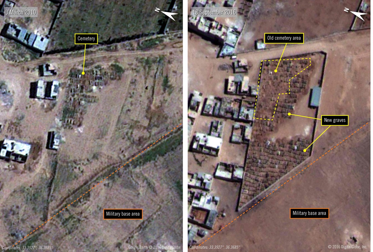 A handout image released on February 7, 2017 by Amnesty International shows the military-run Saydnaya prison, one of Syria's largest detention centres located 30 kilometres (18 miles) north of Damascus, in two distinct satellite pictures, one taken on Mar