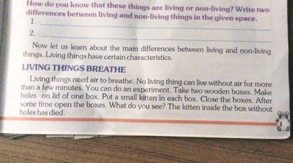 An experiment in an Indian textbook was apparently supposed to help schoolchildren learn that living, breathing things need air. (Federation of Indian Animal Protection Organizations)