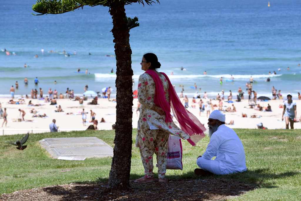 A couple takes shelter from the heat in the shade of a tree as they look out over Sydney's Bondi Beach on February 11, 2017. AFP / William WEST