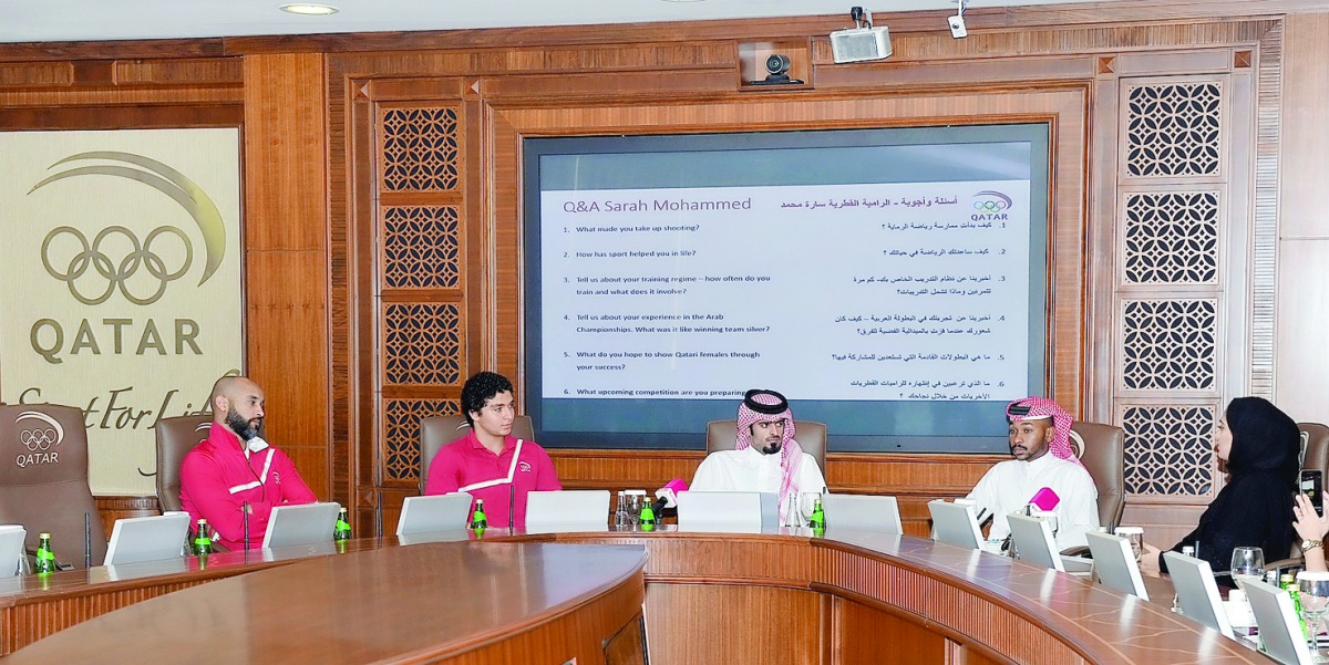 Qatari Olympians (from left) Mahmoud Zaky, Fares Ibrahim and shooter Sarah Mohammed (right) and golfer Saleh Al Kaabi (second right) join the discussions during a press briefing held at the Qatar Olympic Committee Headquarters yesterday.