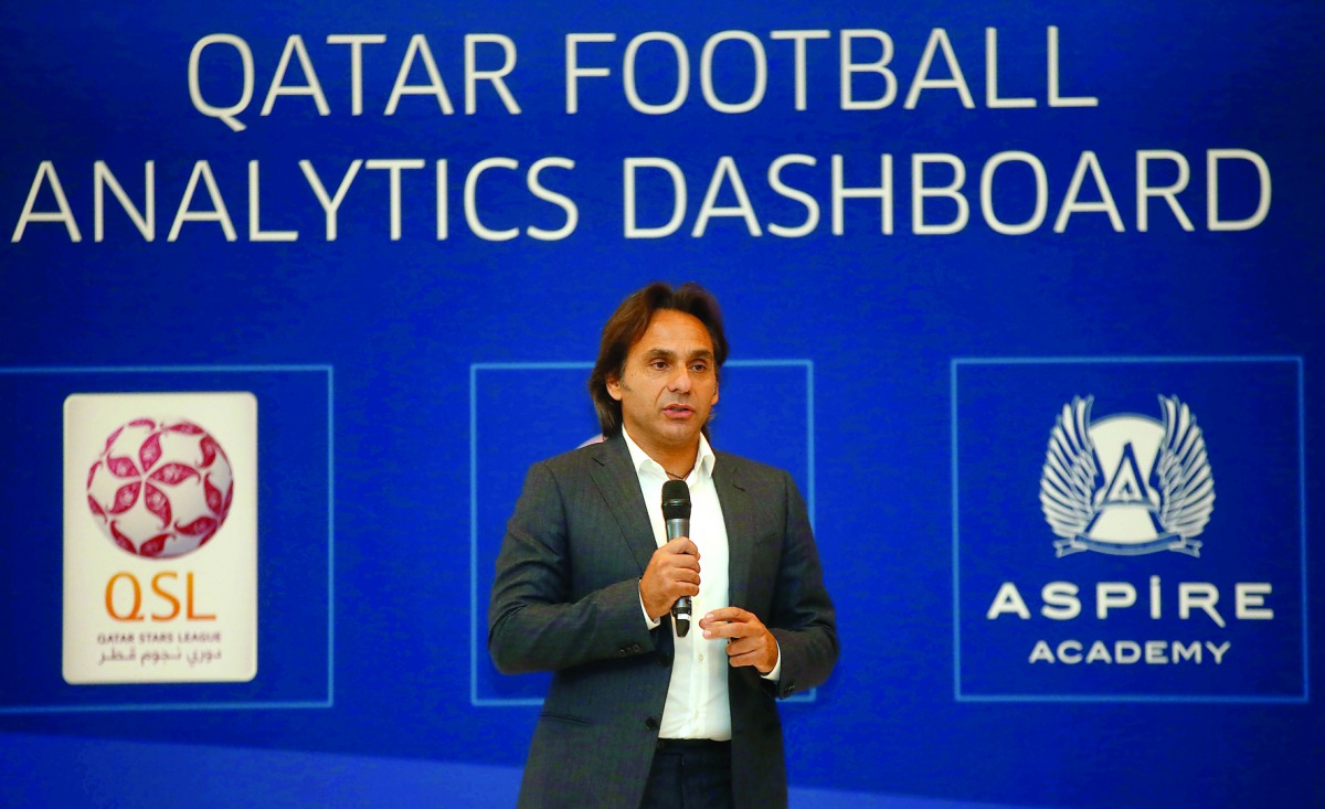 Professor Valter Di Salvo, Director of Football Performance & Science speaks during the launch of the Qatar Football Analytics Dashboard (QFAD) at Aspire Academy yesterday. 