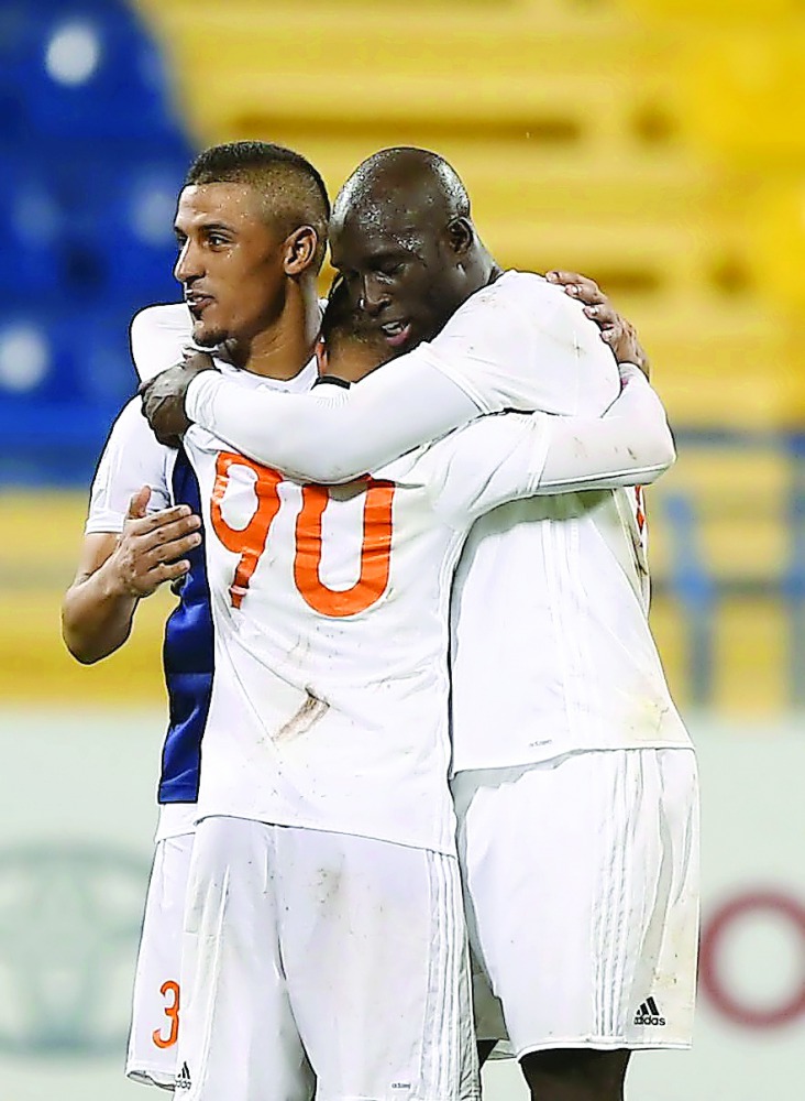 Umm Salal players  celebrate a goal against Lekhwiya yesterday. 