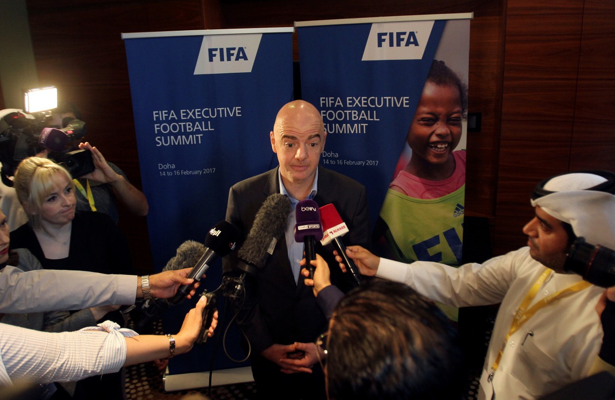 FIFA President Gianni Infantino speaks to the media in Doha, Qatar February 16, 2017. (REUTERS/Naseem Zeitoon)