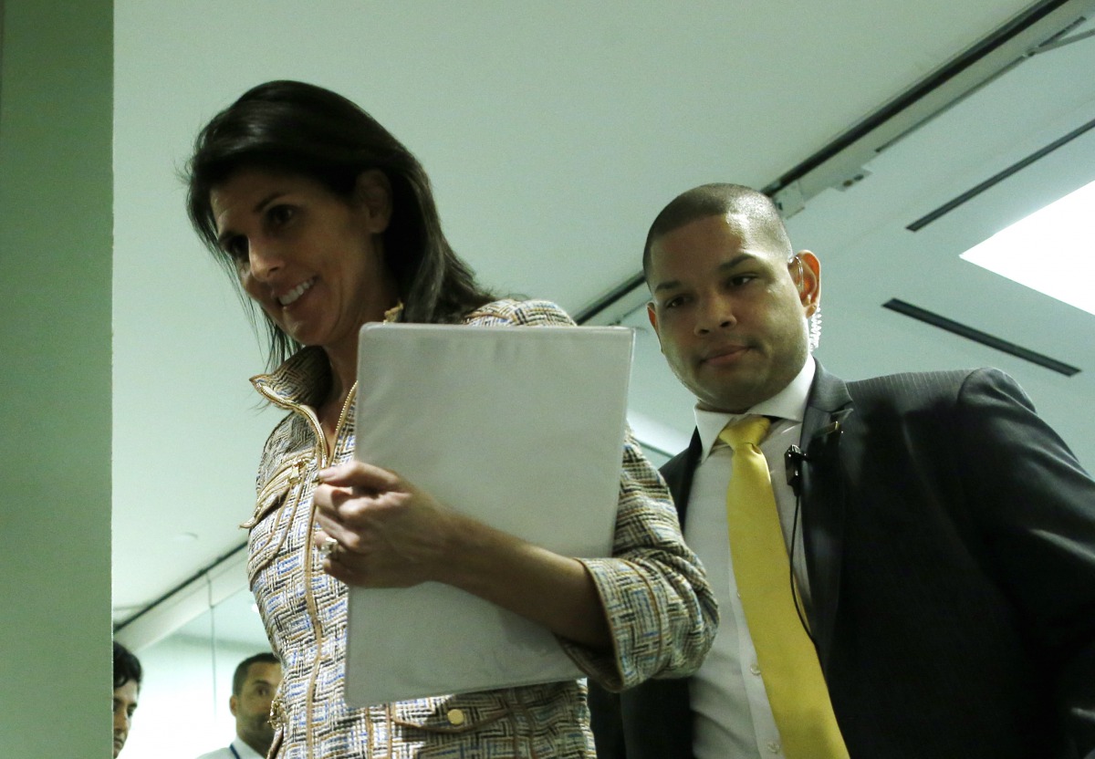 United States' Ambassador to the UN Nikki Haley (L) arrives at the UN Security Council meeting on February 13, 2017 at the United Nations in New York on North Korea's latest ballistic missile launch. UN Secretary-General Antonio Guterres on Monday strongl
