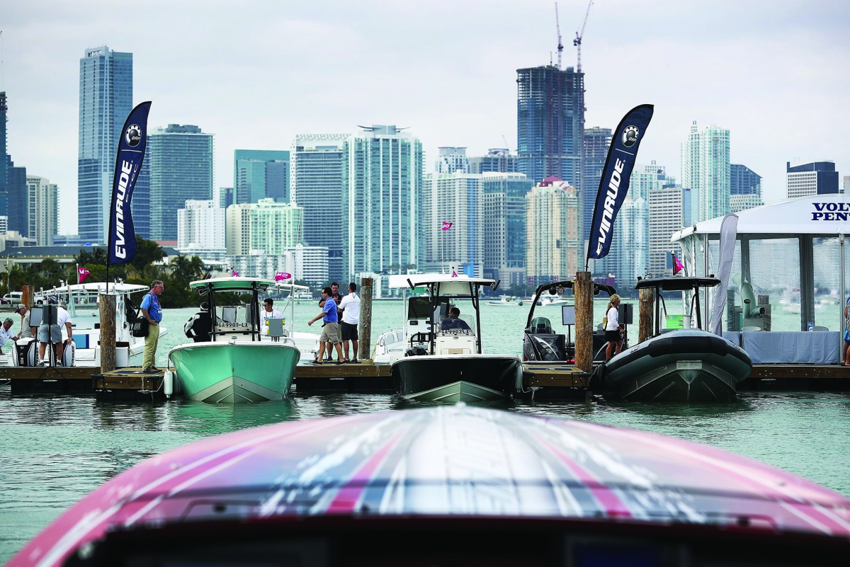 People enjoy themselves as they check out the boats on display at the Progressive Insurance Miami International Boat Show being held at the Miami Marine Stadium Park & Basin on February 16, 2017 in Miami, Florida. More than 1,300 new boats are on display 